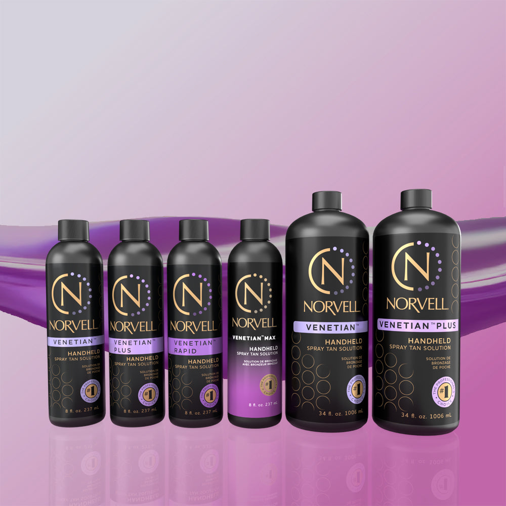 Norvell Venetian Family of Professional Solution Bottles on a gradient violet background