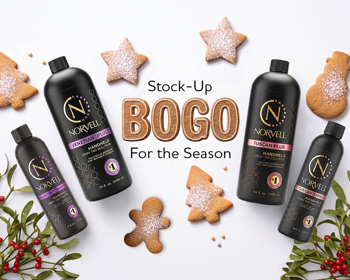 Norvell holiday banner reading “BOGO: Stock-Up For the Season,” featuring Venetian and Tuscan spray tan solutions with gingerbread cookies and festive greenery.