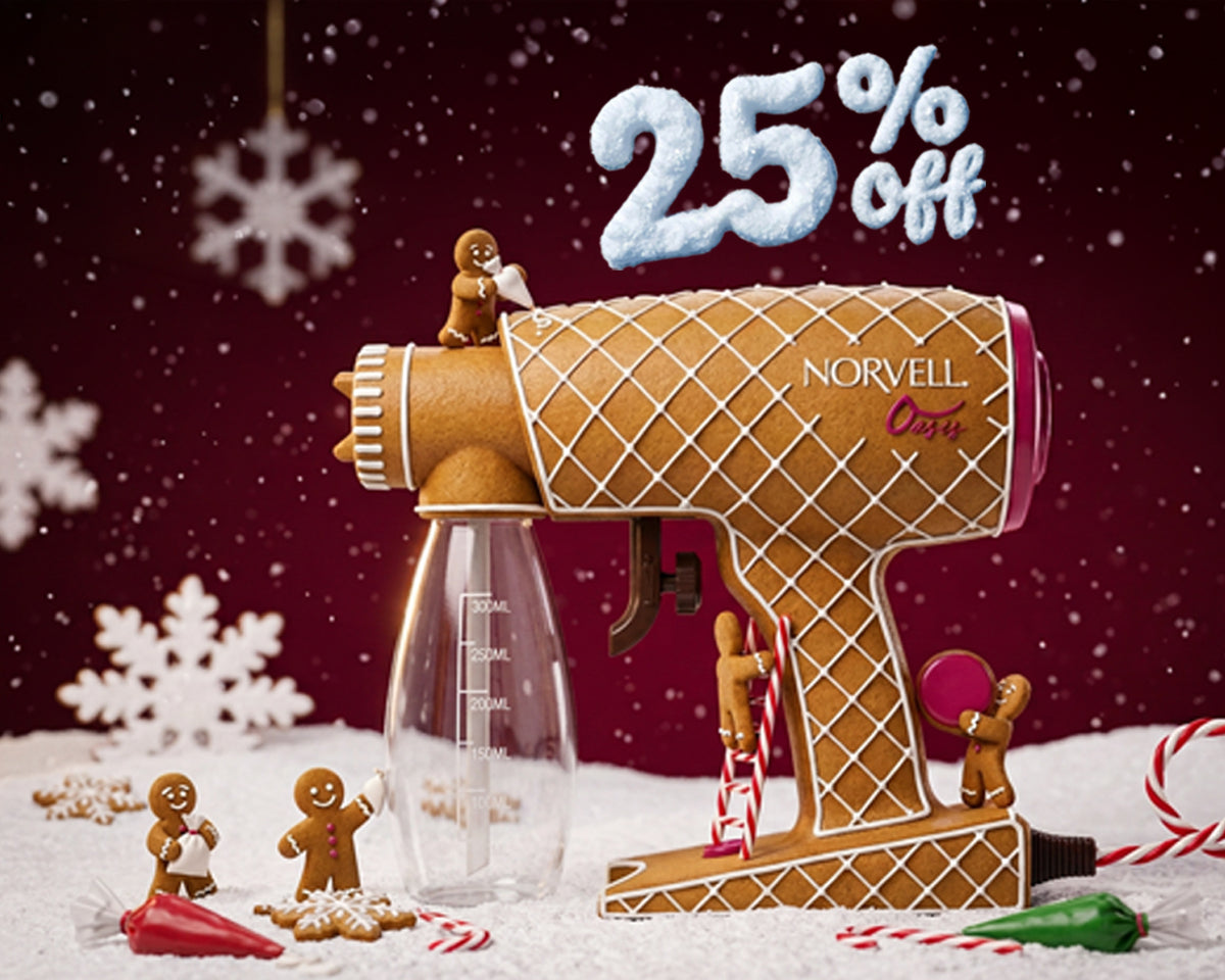 Norvell holiday banner advertising “25% off,” featuring a gingerbread-inspired Oasis spray tan machine surrounded by gingerbread figures, snowflakes, and candy canes.