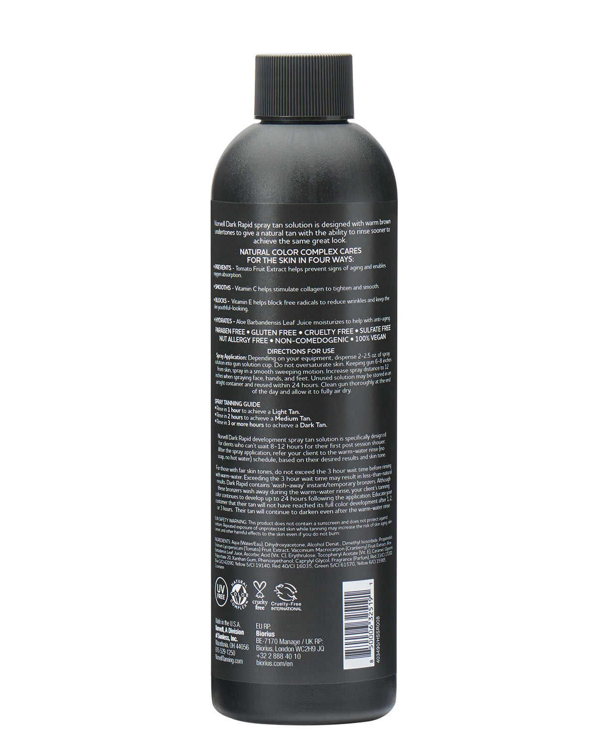 View of the back label of Norvell Dark Professional Spray Tan Solution 8oz Bottle on a white background