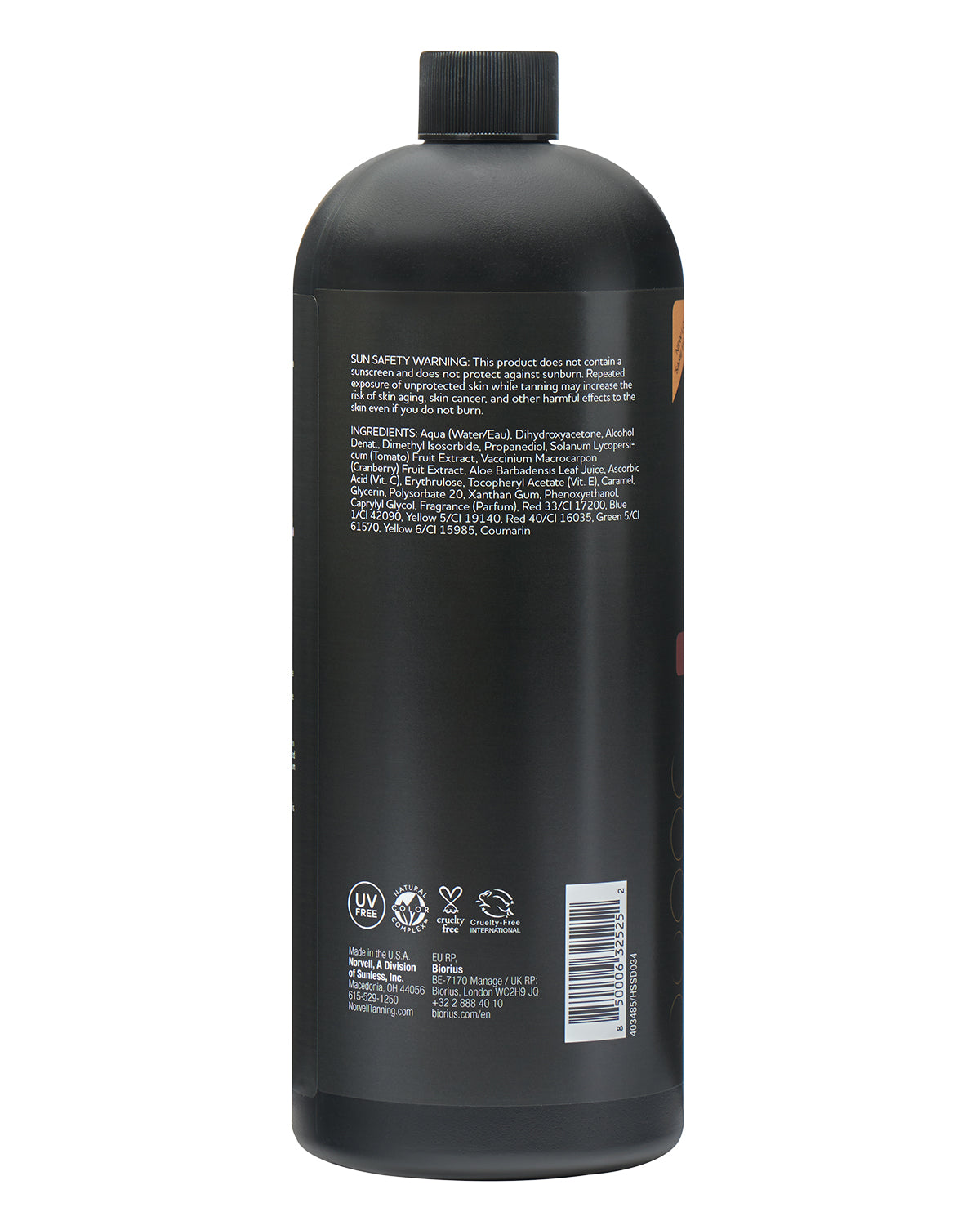 View of the back label of Norvell Dark Professional Spray Tan Solution 34oz Bottle on a white background