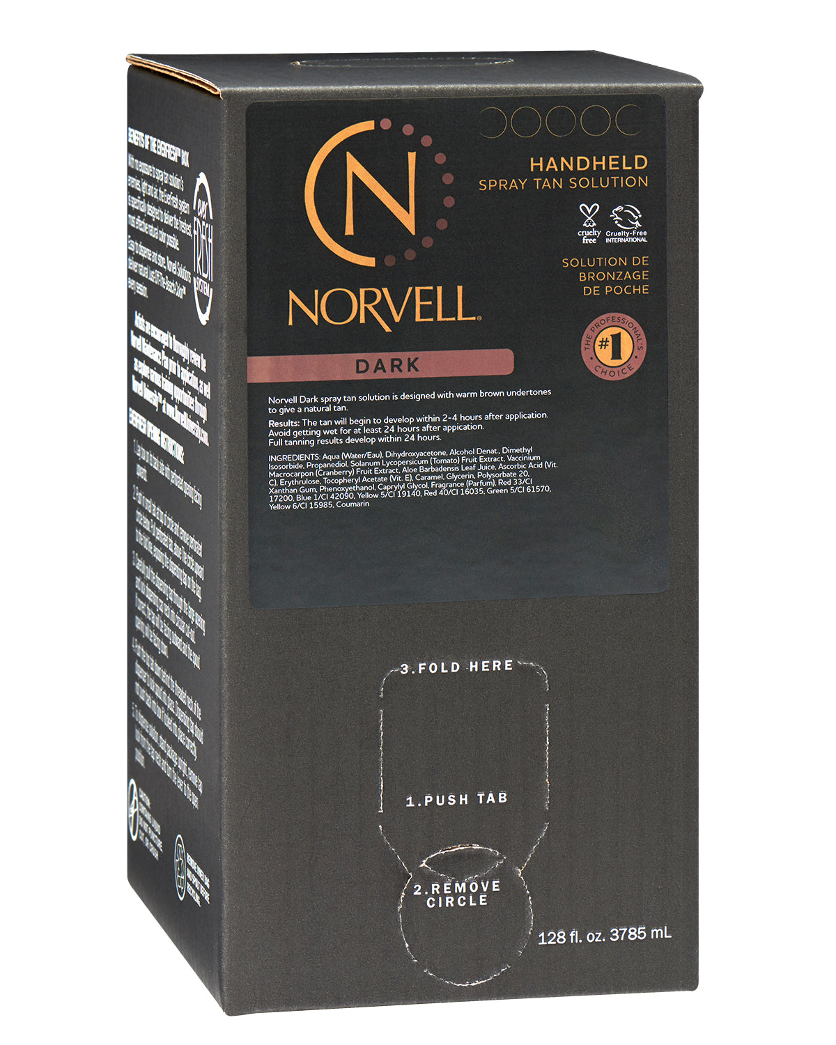 Front view of Norvell Dark Professional Spray Tan Solution 128oz Ever-fresh Box on a white background