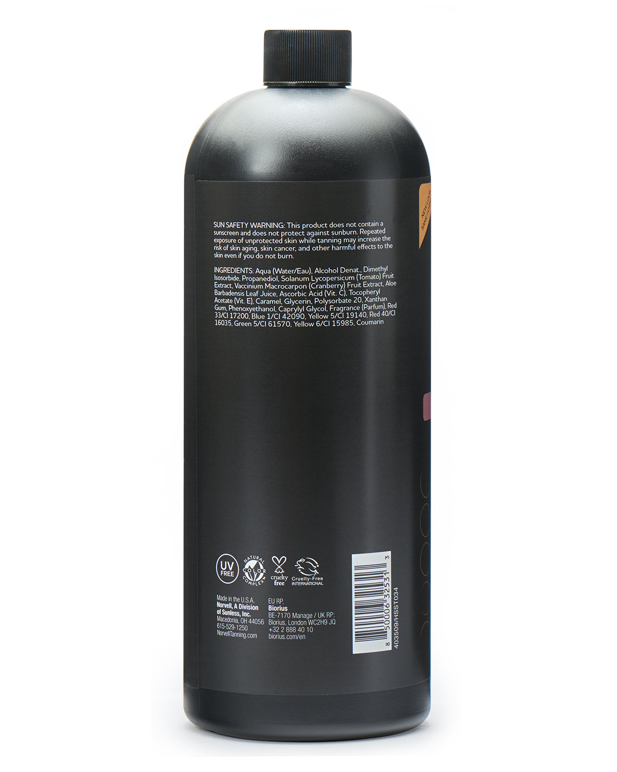 View of the back label of Norvell Double Dark, Professional Spray Tan Solution 34oz Bottle on a white background