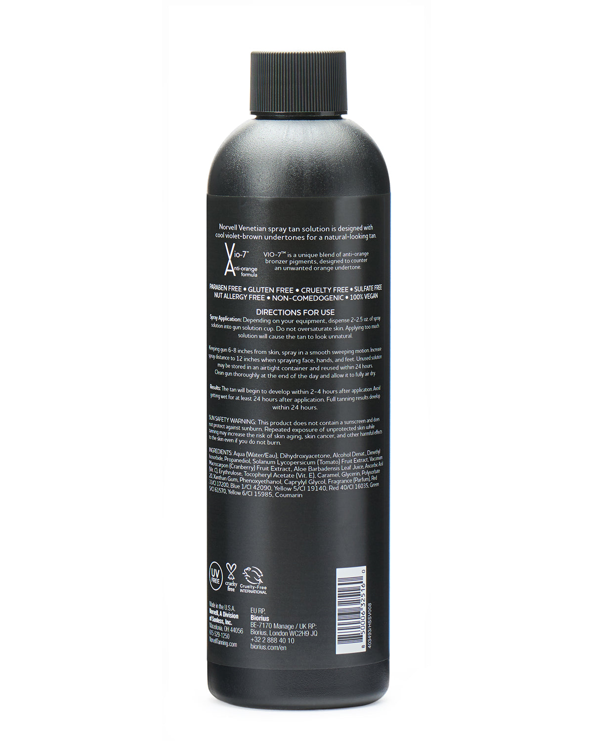 View of the back label of Norvell Venetian Professional Spray Tan Solution 8oz Bottle on a white background