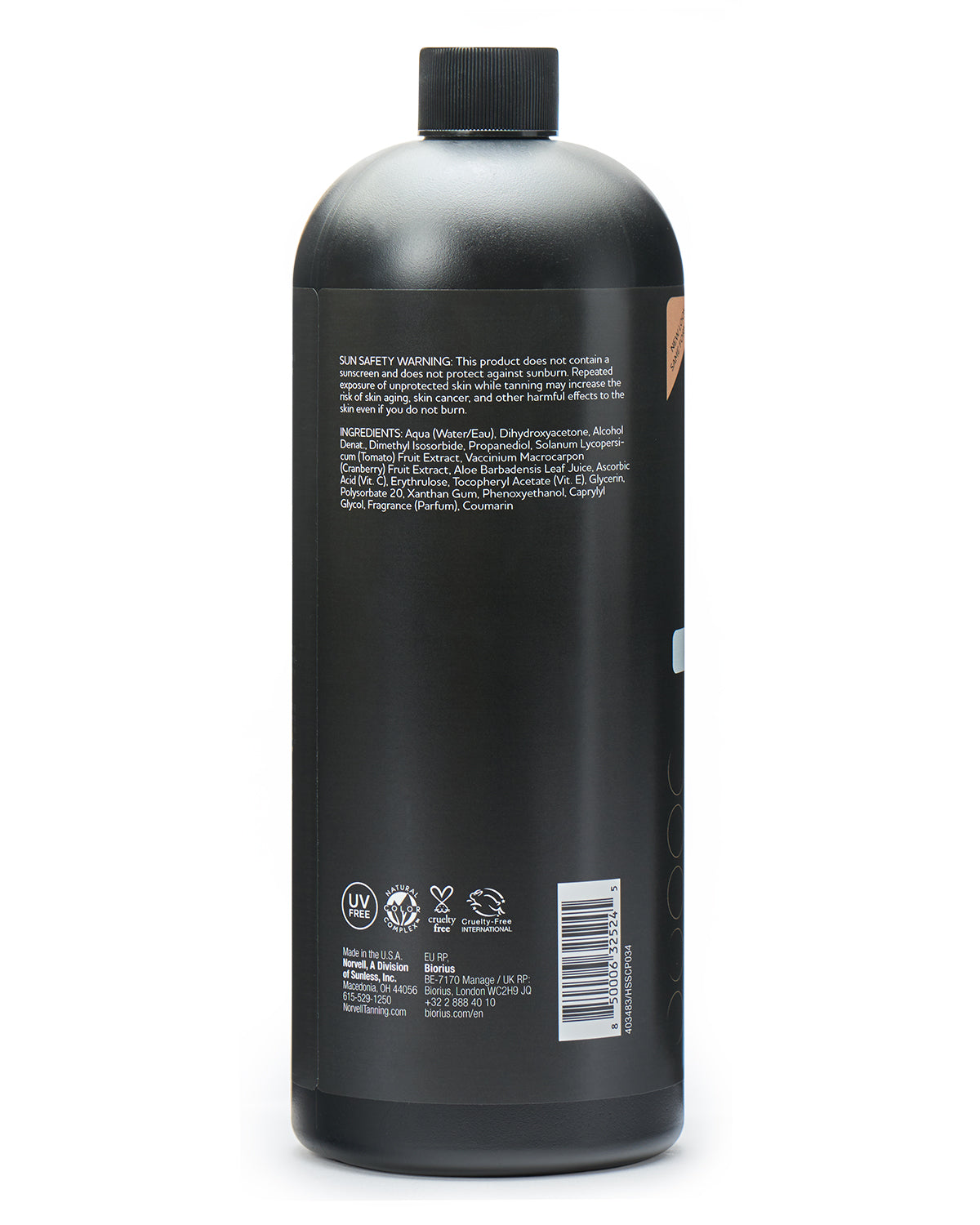 View of the back label of Norvell Venetian Professional Spray Tan Solution 34oz on a white background