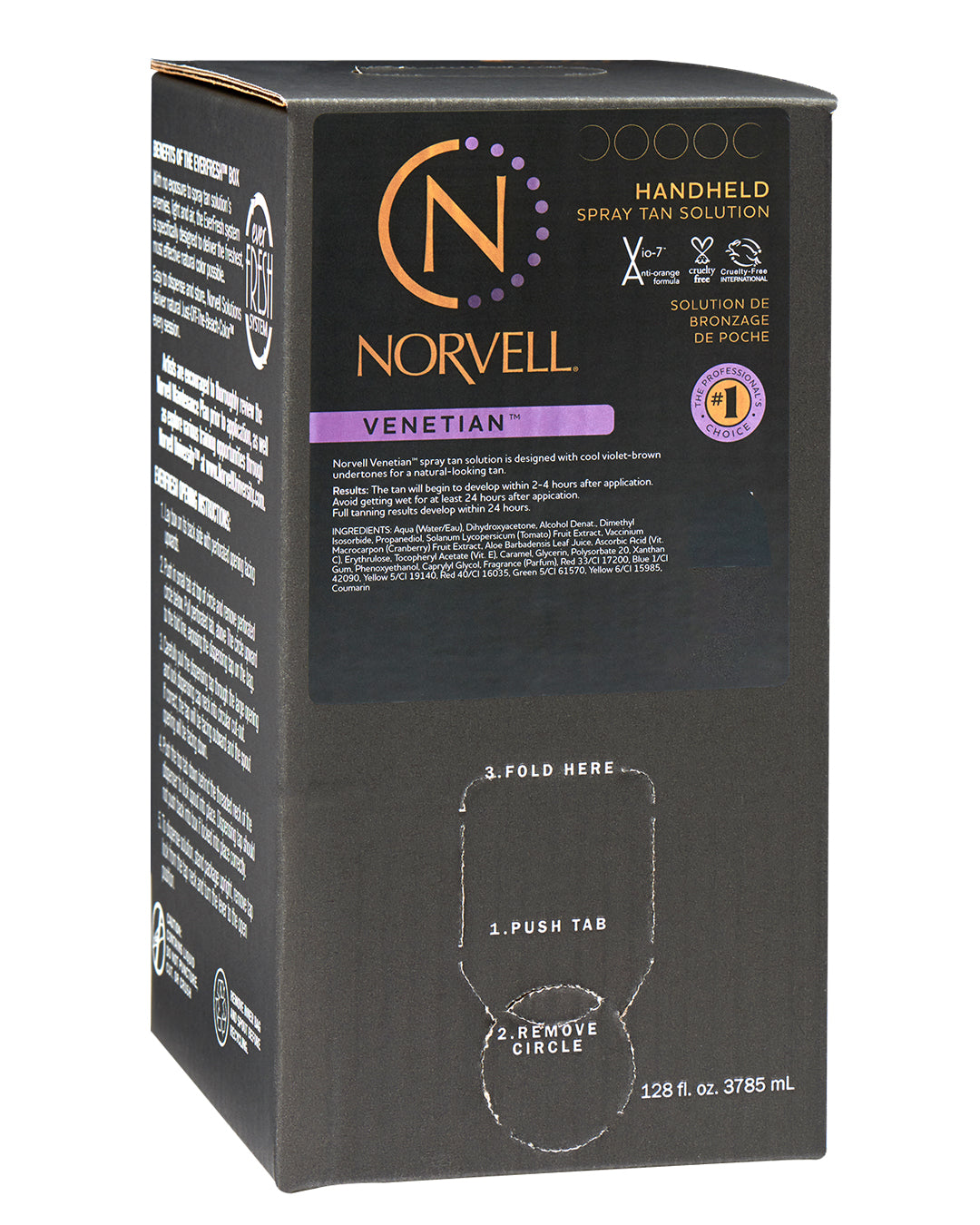 Front view of Norvell Venetian Professional Spray Tan Solution 128oz Ever-Fresh Box on a white background