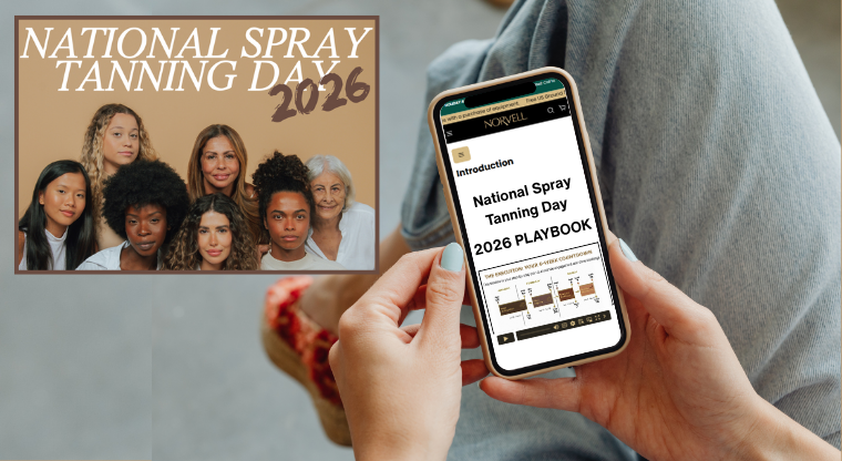 Promotional graphic for National Spray Tanning Day 2026 with a group of people and a smartphone displaying the training course