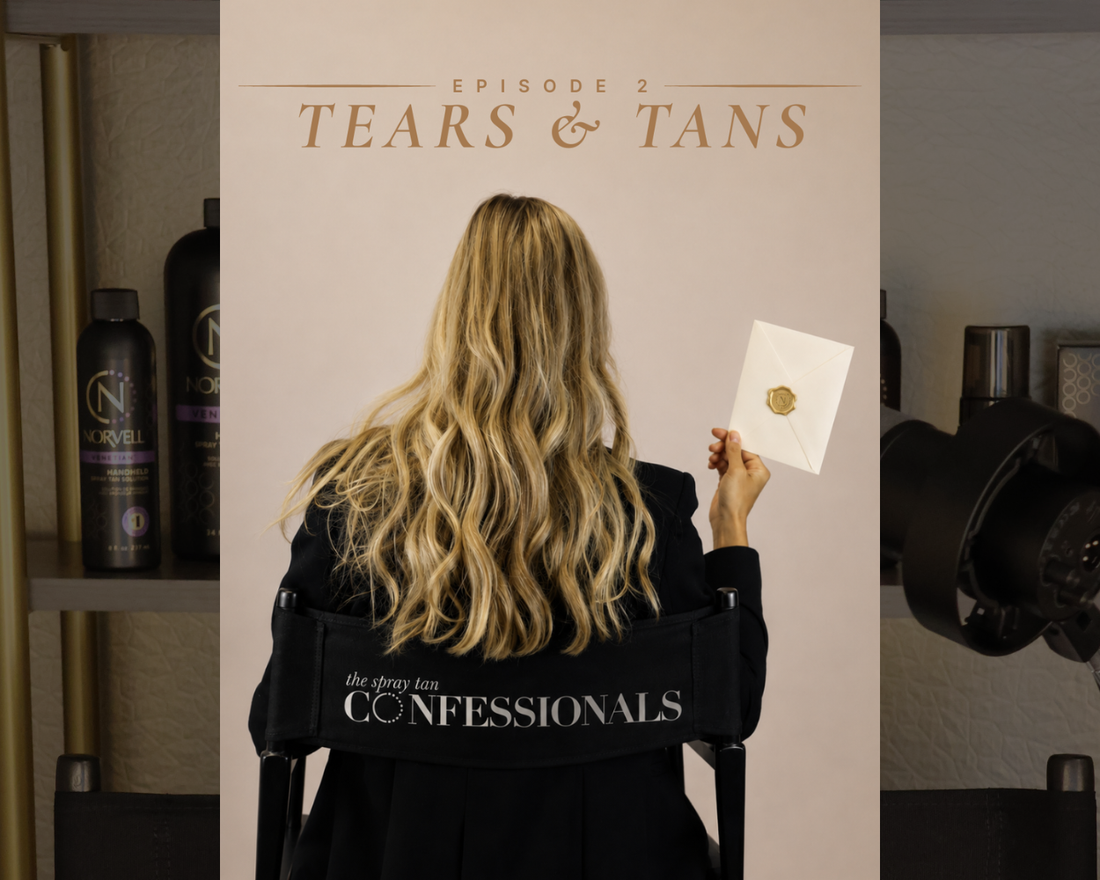 A promotional scene for 'The Spray Tan Confessionals Episode 2: Tears & Tans' featuring a woman with long blonde hair who sits facing away from the camera in a black directors chair, holding an envelope with a gold wax seal against a beige backdrop.