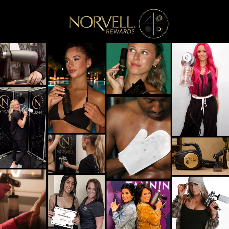 A collage of photos featuring spray tanners and Spray Tan Professionals using Norvell products with the Norvell Rewards logo at the top. Visible items include spray tan machines, lotions, certifications, and solutions.