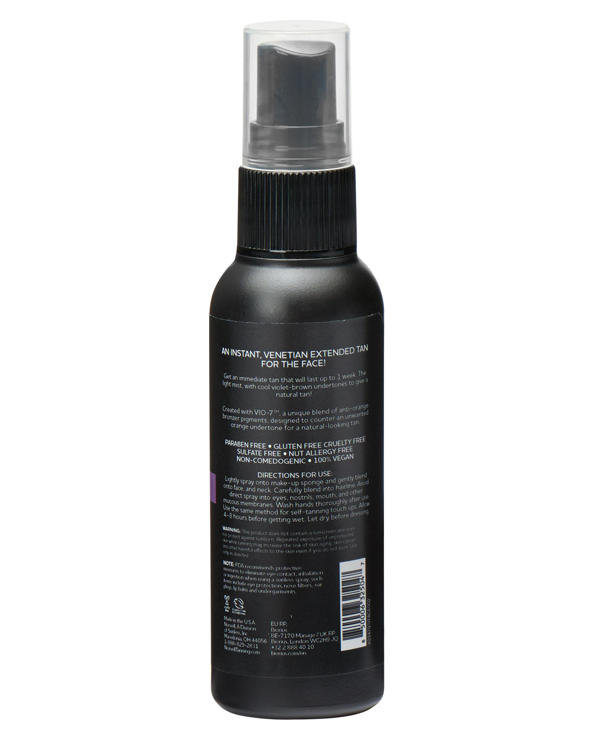 View of the back label of Norvell Instant Self-Tanning Face Mist Bottle on a white background