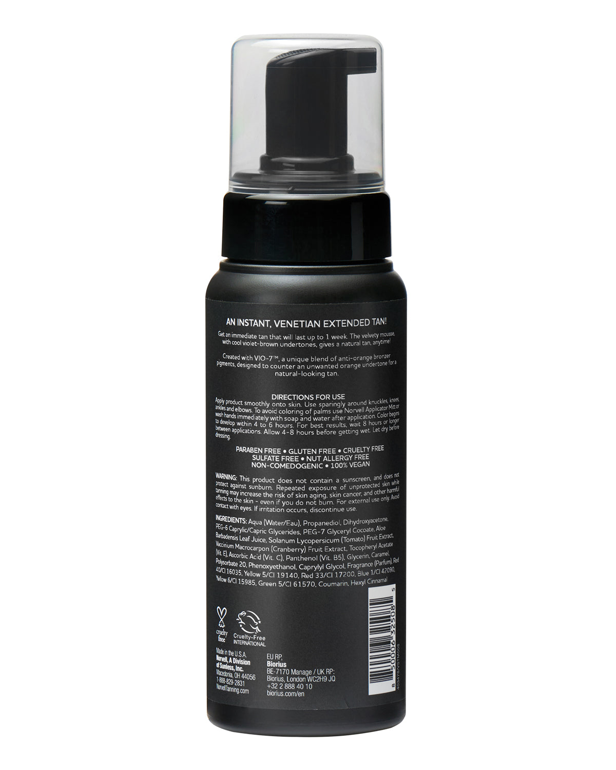 View of the back label of Norvell Venetian Instant Self-Tanning Mousse 8oz Bottle on a white background