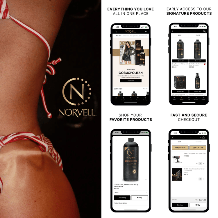 Promotional graphic for Norvell featuring a close-up of a woman's lower torso wearing red-and-white striped bikini straps on the left, and four smartphone app interface screenshots on the right showing product browsing, signature products, favorites, and checkout. Text reads: 'EVERYTHING YOU LOVE ALL IN ONE PLACE,' 'EARLY ACCESS TO OUR SIGNATURE PRODUCTS,' 'SHOP YOUR FAVORITE PRODUCTS,' and 'FAST AND SECURE CHECKOUT.